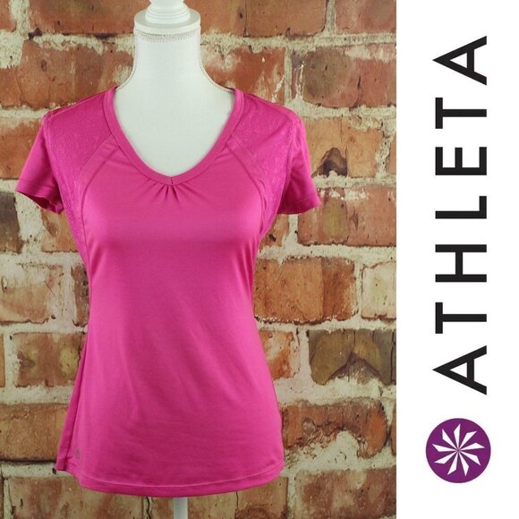 ATHLETA Top Velocity Tee Womens XS V-Neck Hot Pink $54 Style #581717 Active EUC - Picture 1 of 10